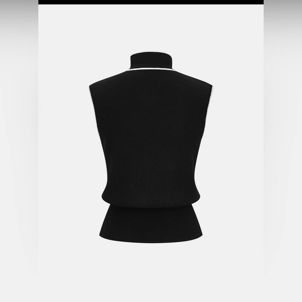 COMMENSE Black Sleeveless Tie-Neck Shell with White Piping Size Large (8/10) - Picture 2 of 4
